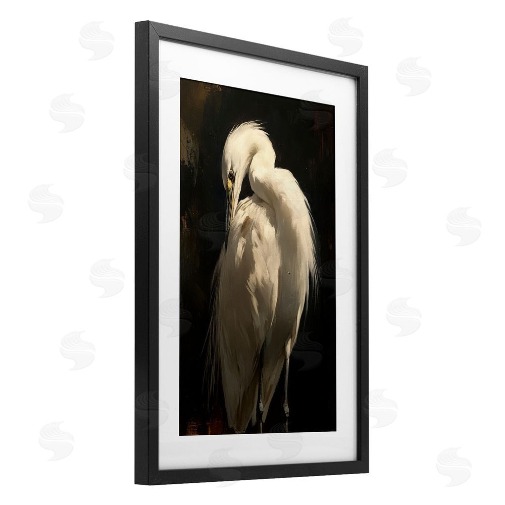 Petal Prints Design Feathered Egret in Soft Light Black Framed Print Under Glass Wall Art