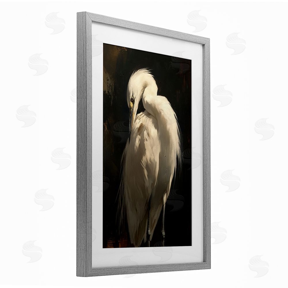 Petal Prints Design Feathered Egret in Soft Light Gray Framed Print Under Glass Wall Art