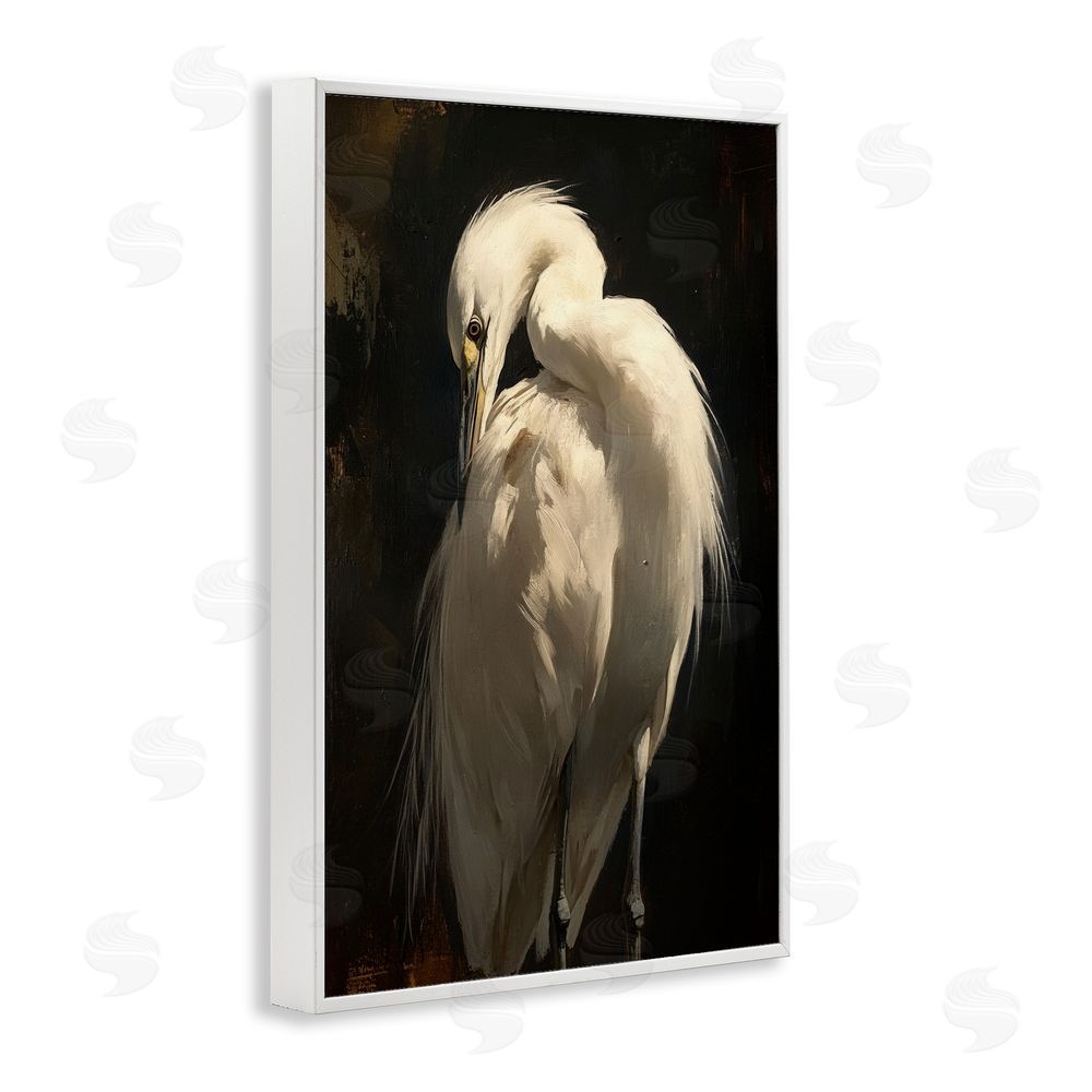 Petal Prints Design Feathered Egret in Soft Light White Framed Giclee Wall Art