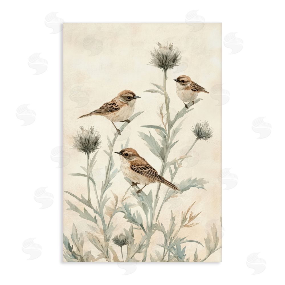 Petal Prints Design Sparrows on Thistle Stems Stretched Canvas Wall Art Print