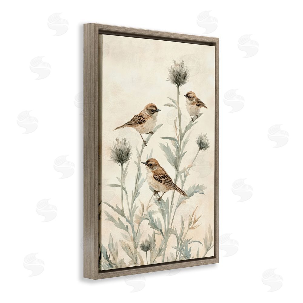 Petal Prints Design Sparrows on Thistle Stems Brown Floating Framed Canvas Wall Art Print