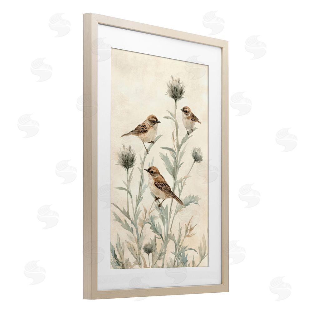 Petal Prints Design Sparrows on Thistle Stems Brown Framed Print Under Glass with White Mat Wall Art