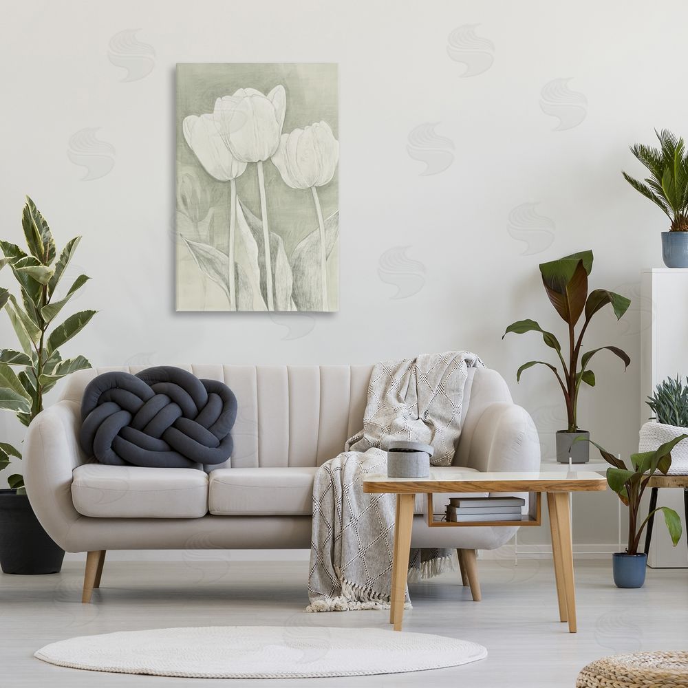 Petal Prints Design Faded Tulips Pencil Sketch Stretched Canvas Wall Art in Room