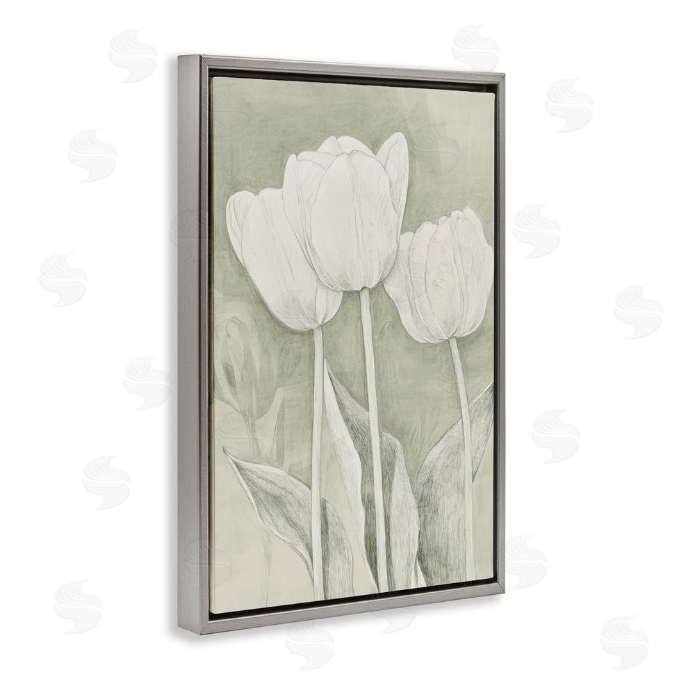 Petal Prints Design Faded Tulips Pencil Sketch Gray Floating Framed Canvas Wall Art