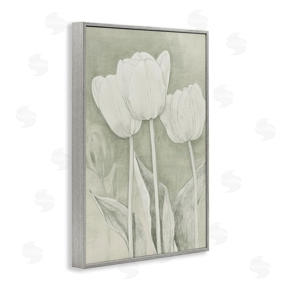 Petal Prints Design Faded Tulips Pencil Sketch Gray Framed Giclee Wall Art
