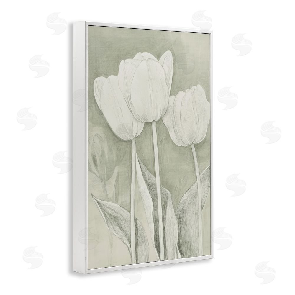 Petal Prints Design Faded Tulips Pencil Sketch White Framed Giclee Wall Art