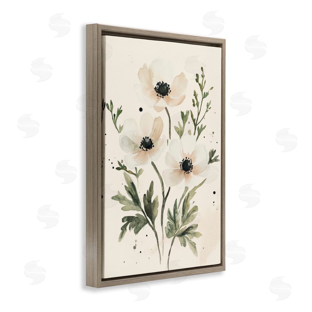 Petal Prints Design Soft White Anemone Floral Brown Floating Framed Canvas Wall Art Print