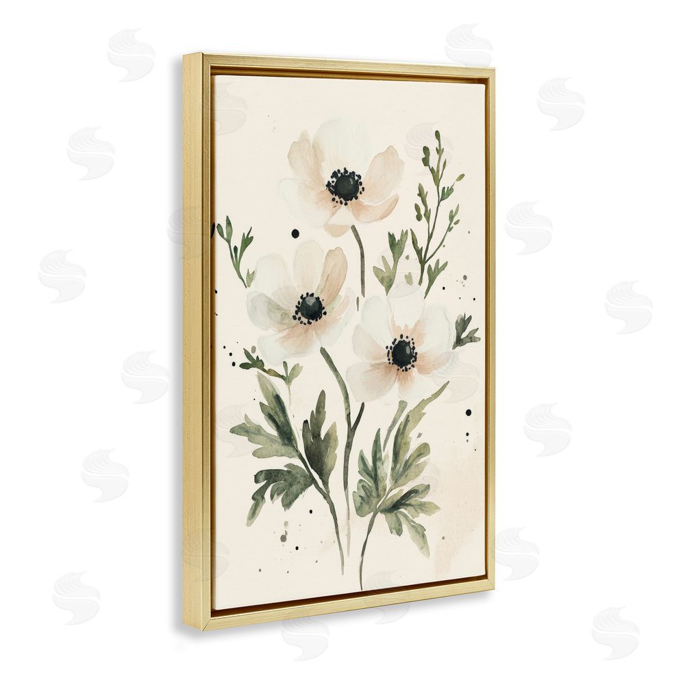 Petal Prints Design Soft White Anemone Floral Gold Floating Framed Canvas Wall Art Print