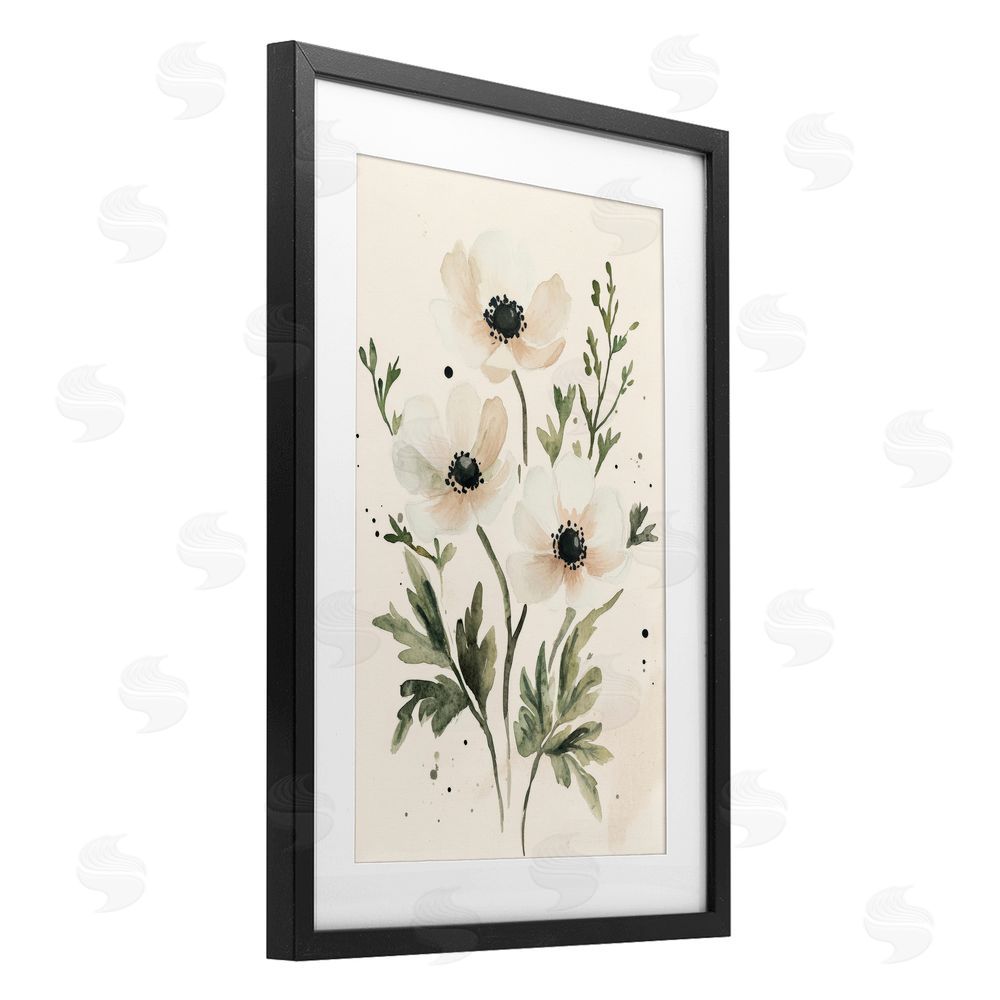 Petal Prints Design Soft White Anemone Floral Black Framed Print Under Glass with White Mat Wall Art