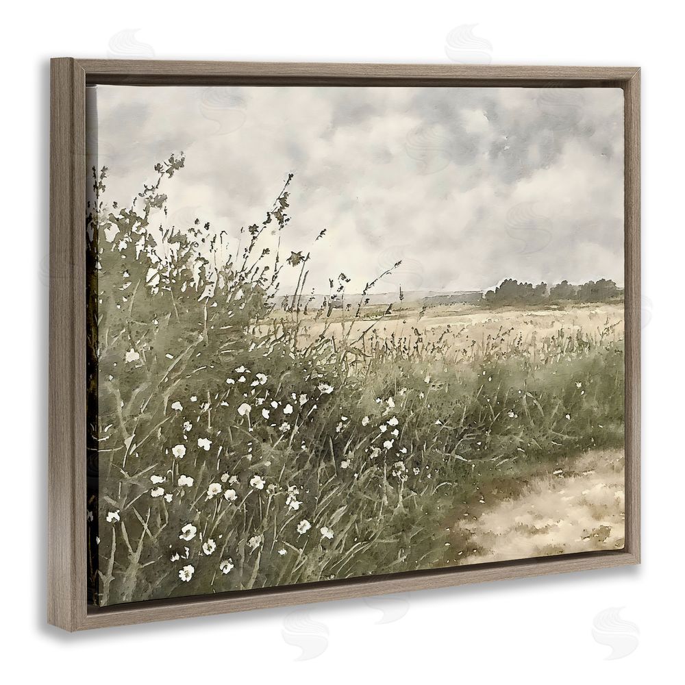 Riley B Soft Meadow Landscape at Dusk Brown Floating Framed Canvas Wall Art Print