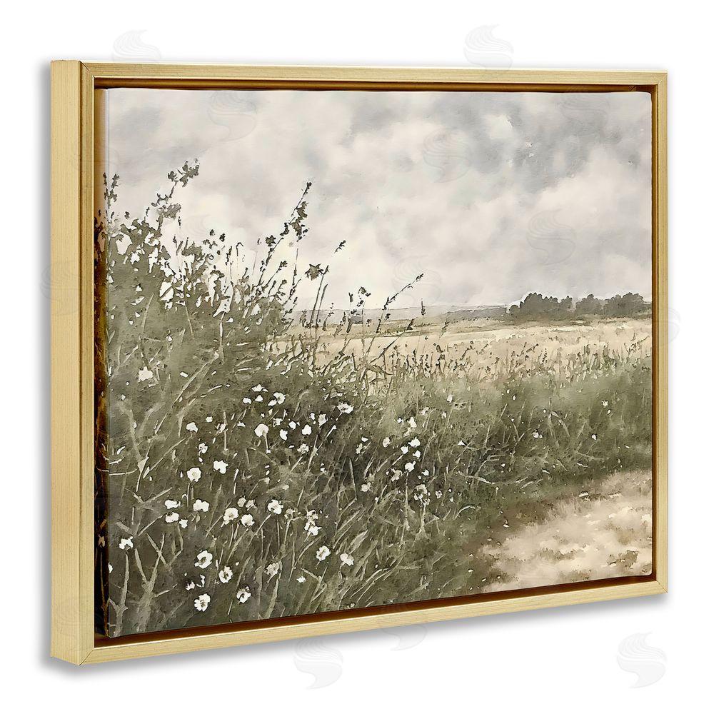 Riley B Soft Meadow Landscape at Dusk Gold Floating Framed Canvas Wall Art Print