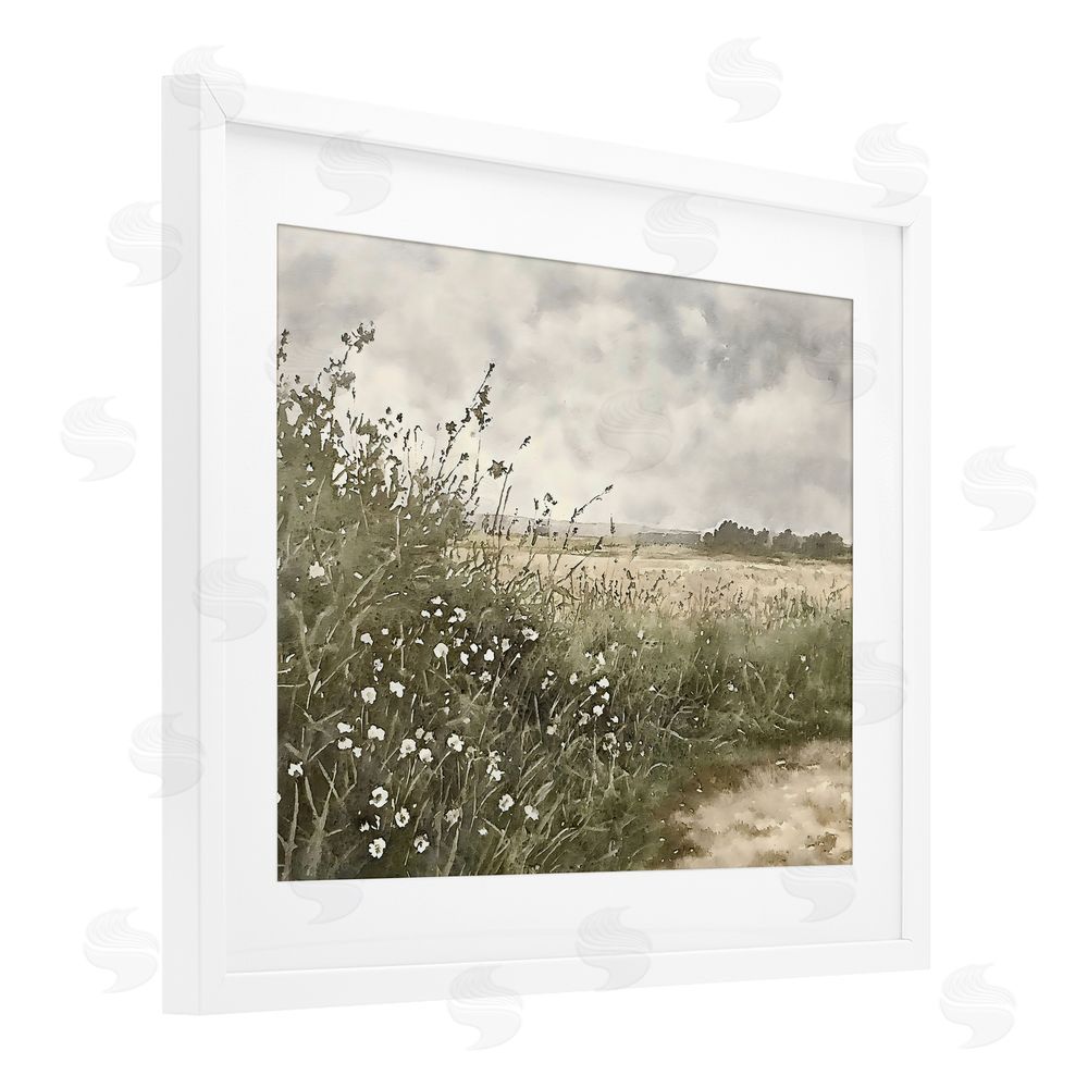 Riley B Soft Meadow Landscape at Dusk White Framed Print Under Glass with White Mat Wall Art