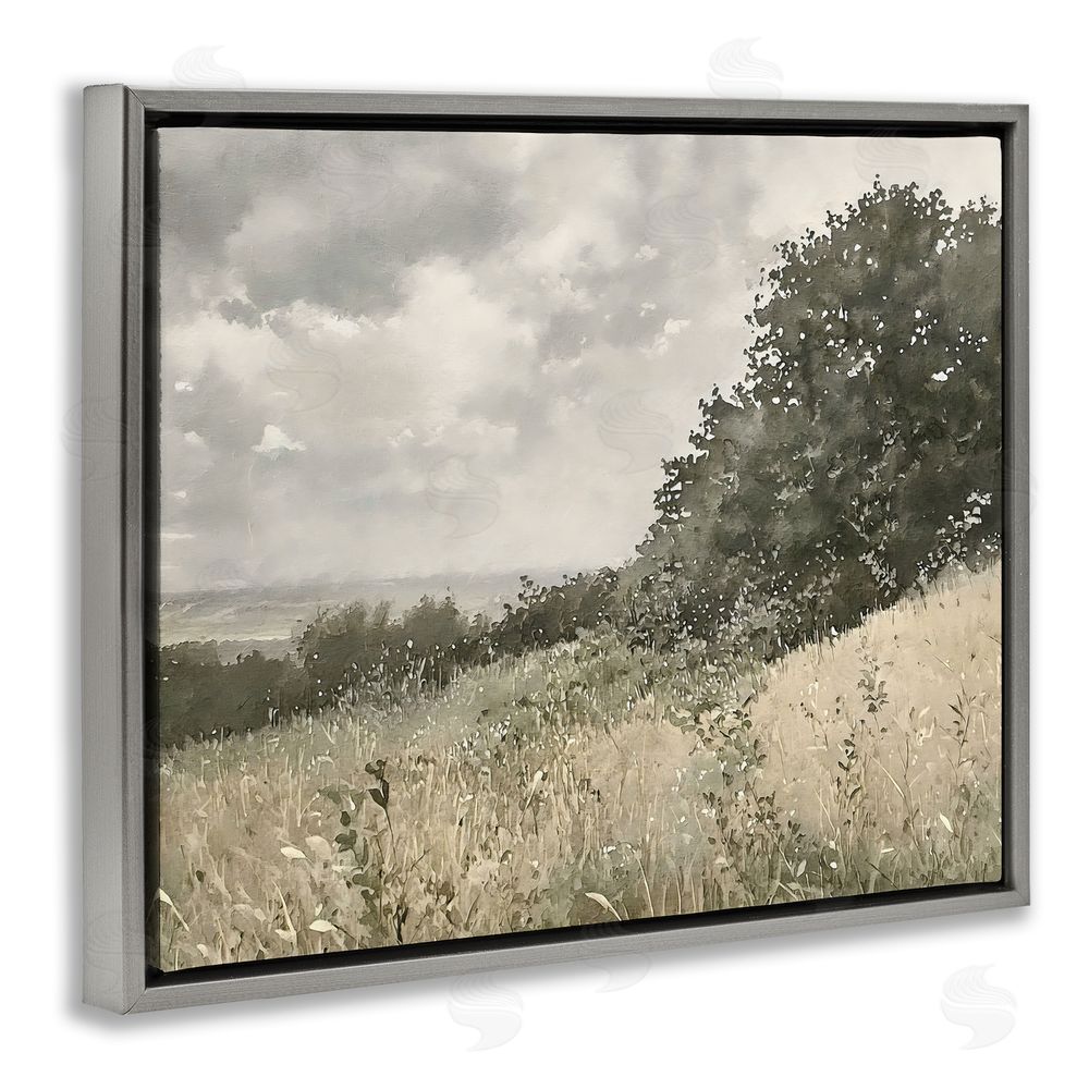Riley B Soft & Subtle Meadow Landscape Gray Floating Framed Canvas Wall Art Print