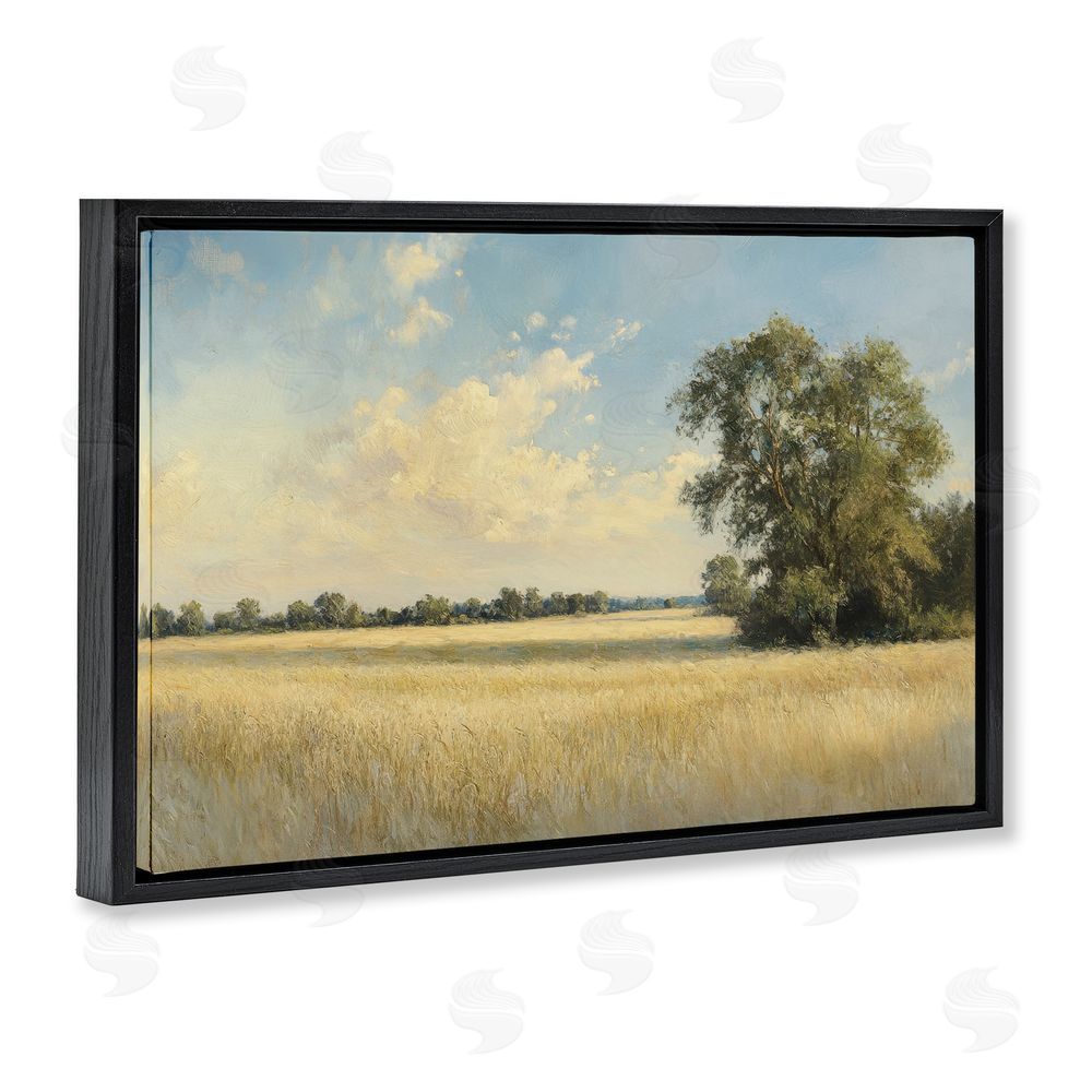 Petal Prints Design Serene Wheat Field at Noon Black Floating Framed Canvas Wall Art Print