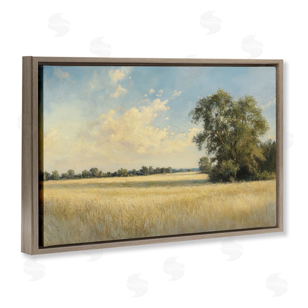 Petal Prints Design Serene Wheat Field at Noon Brown Floating Framed Canvas Wall Art Print