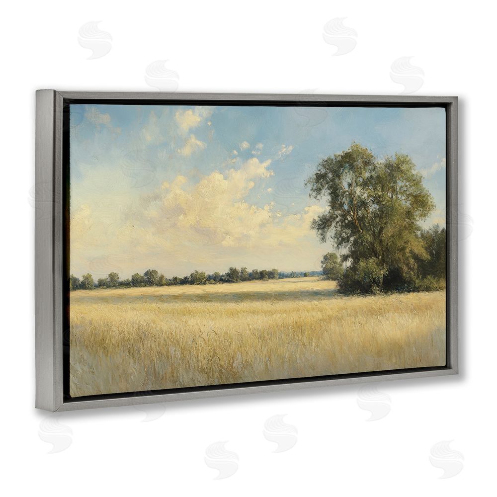 Petal Prints Design Serene Wheat Field at Noon Gray Floating Framed Canvas Wall Art Print