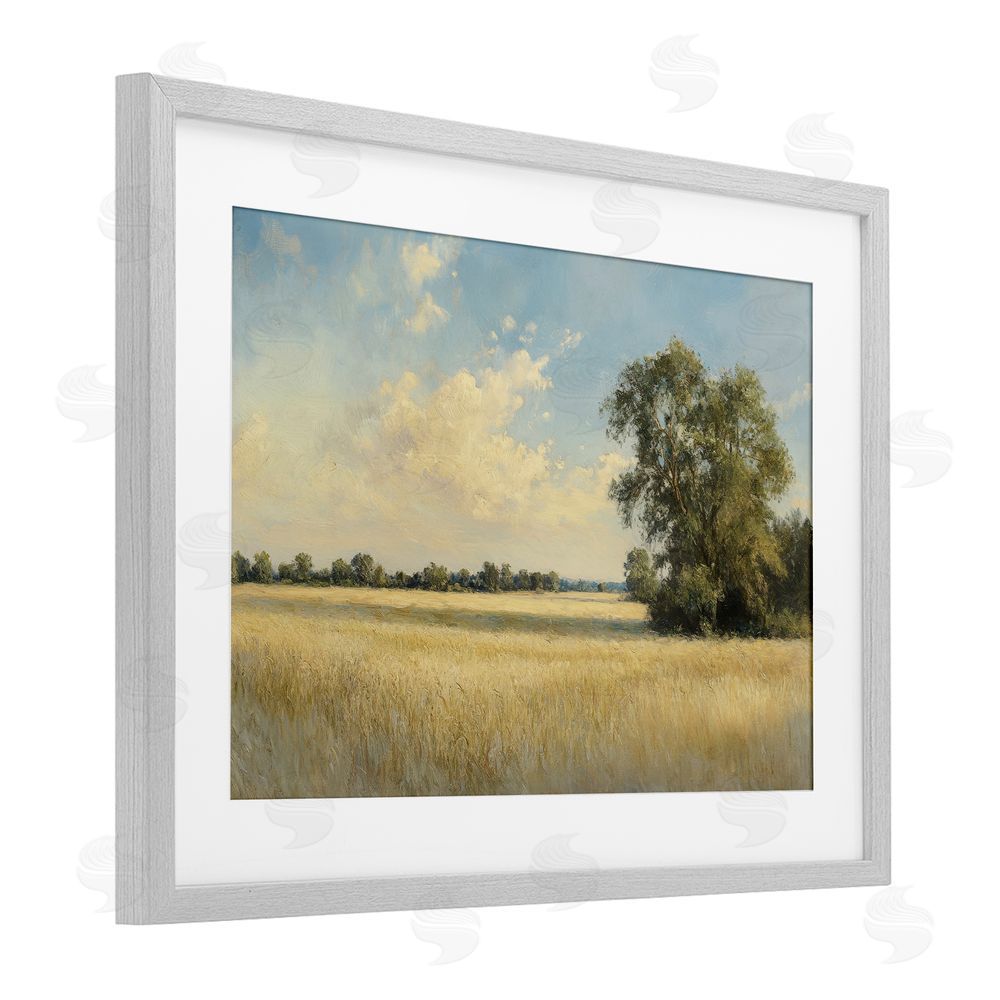 Petal Prints Design Serene Wheat Field at Noon Gray Framed Print Under Glass with White Mat Wall Art