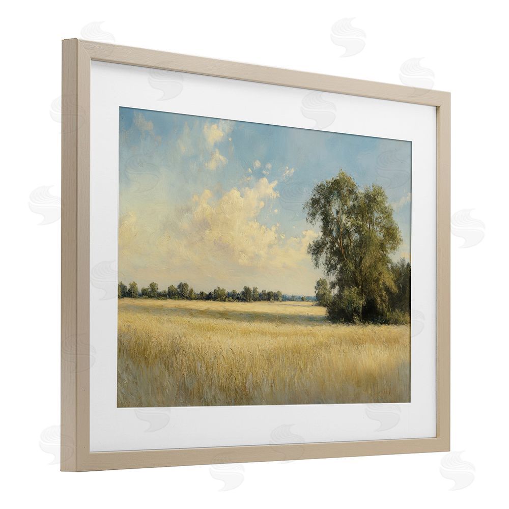 Petal Prints Design Serene Wheat Field at Noon Brown Framed Print Under Glass with White Mat Wall Art