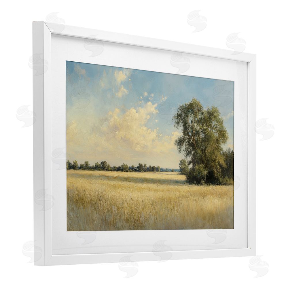 Petal Prints Design Serene Wheat Field at Noon White Framed Print Under Glass with White Mat Wall Art