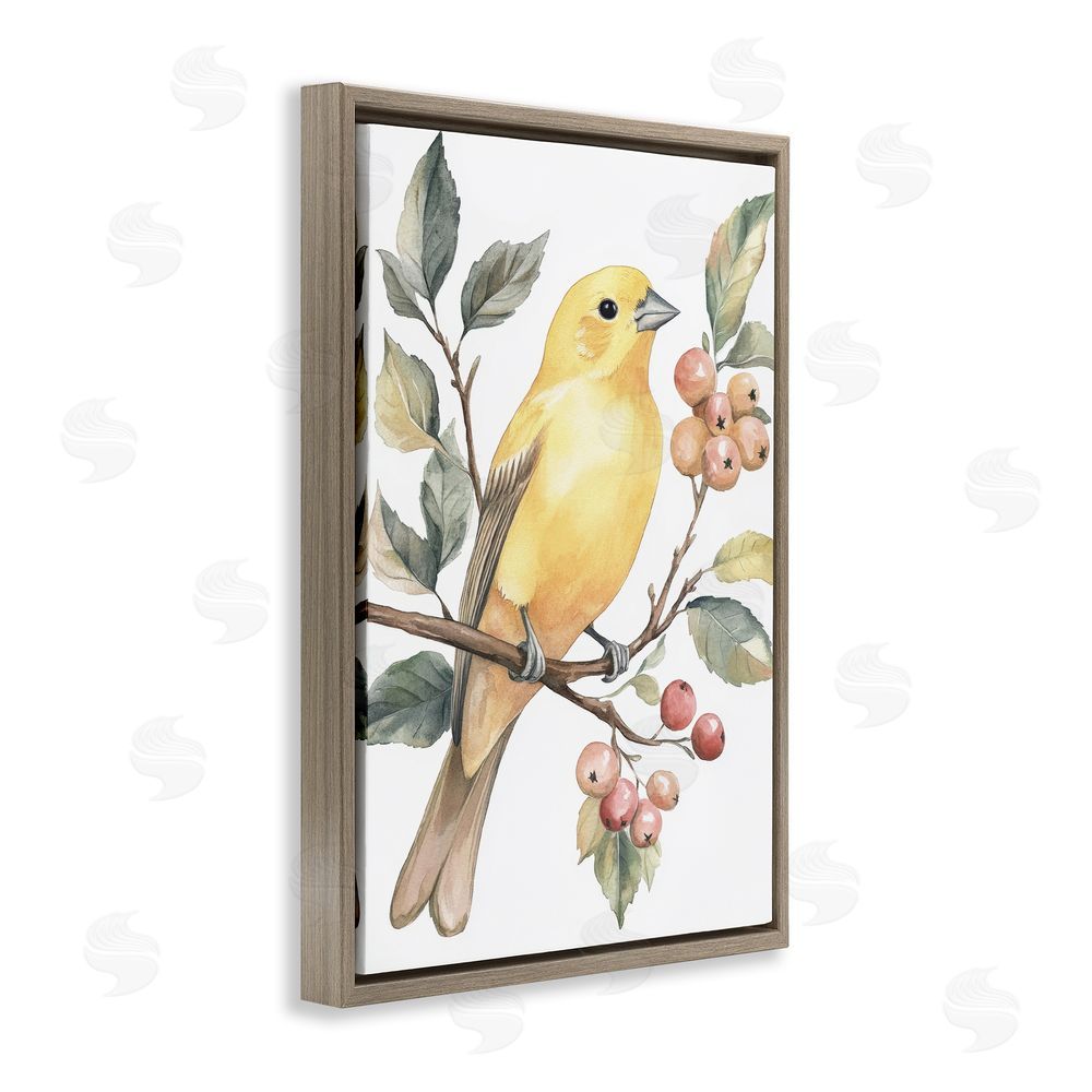 Petal Prints Design Sun Lit Bird on Branch Brown Floating Framed Canvas Wall Art Print