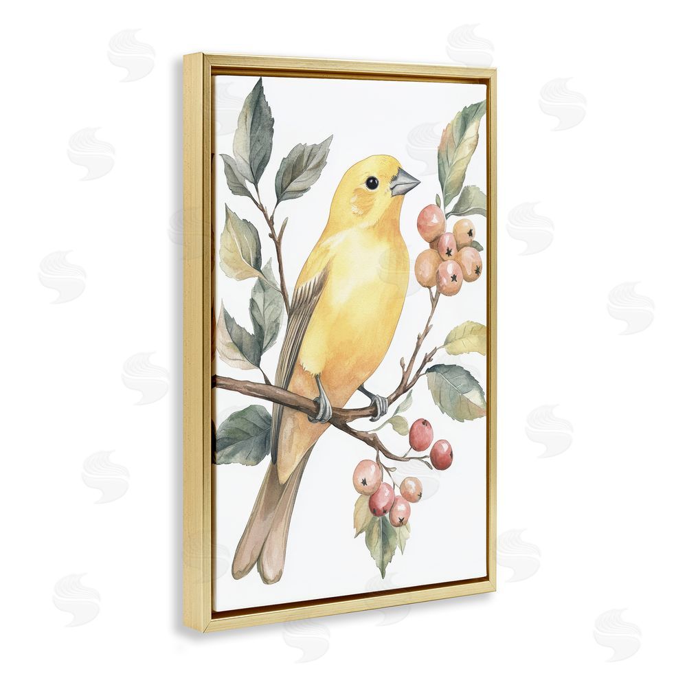 Petal Prints Design Sun Lit Bird on Branch Gold Floating Framed Canvas Wall Art Print