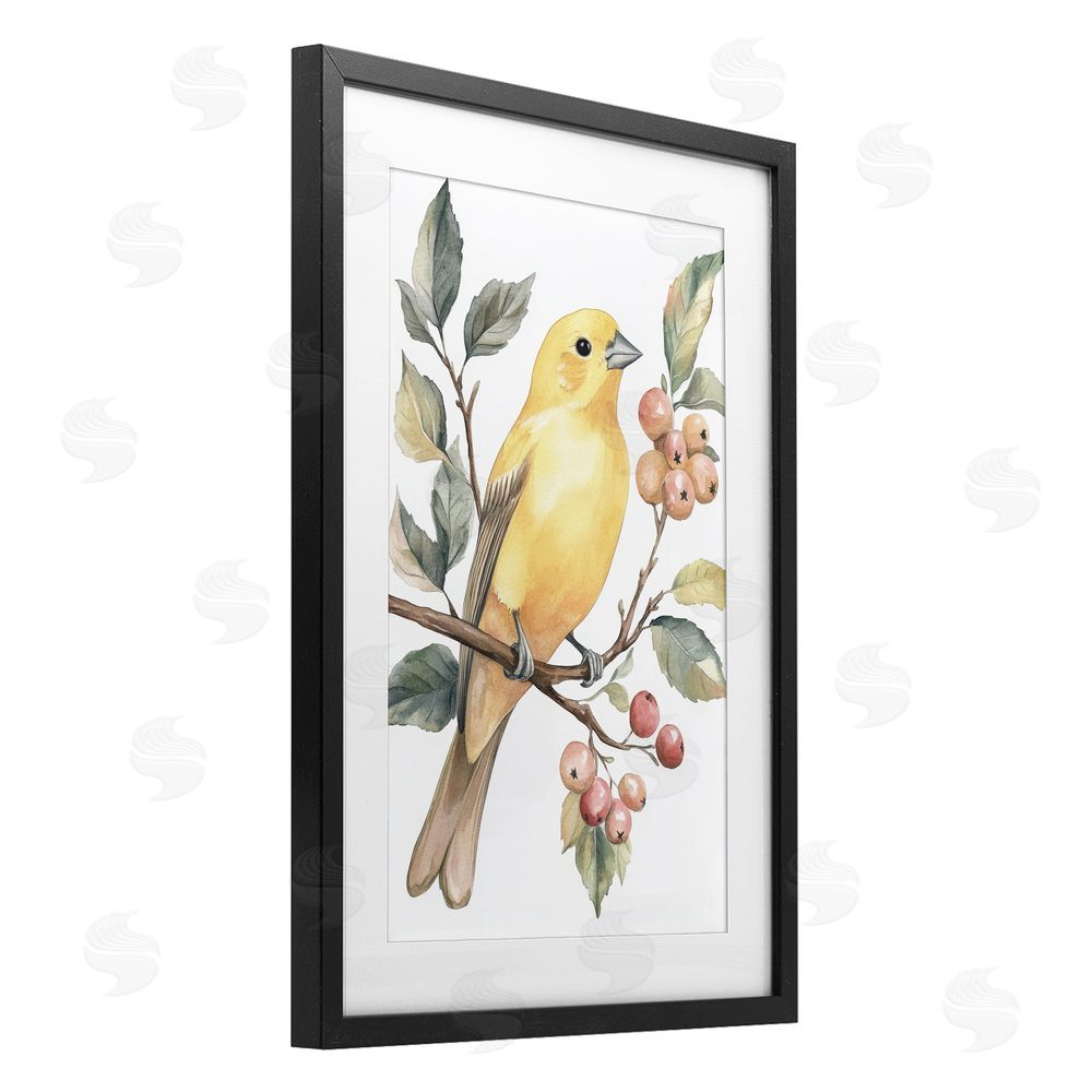 Petal Prints Design Sun Lit Bird on Branch Black Framed Print Under Glass with White Mat Wall Art
