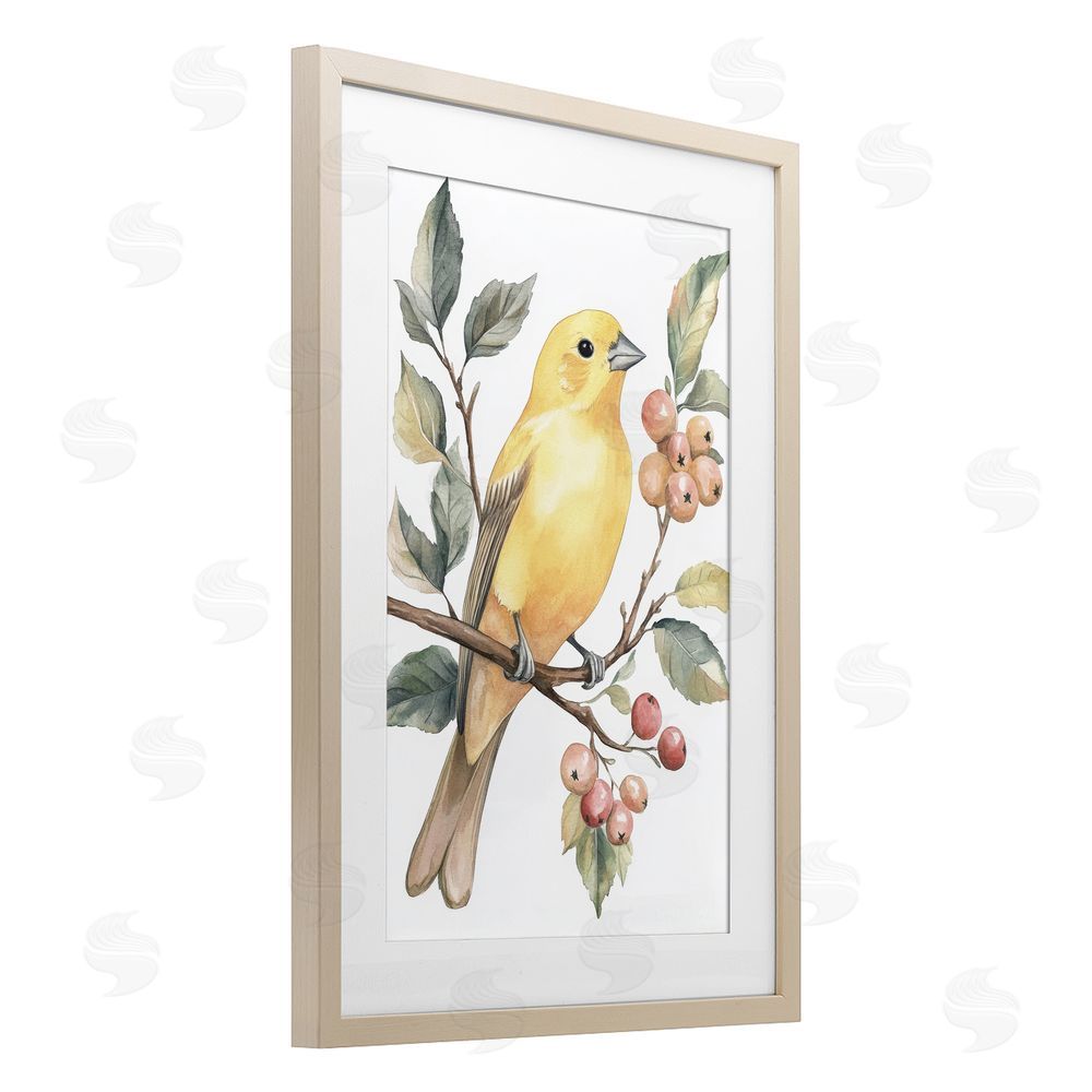 Petal Prints Design Sun Lit Bird on Branch Brown Framed Print Under Glass with White Mat Wall Art