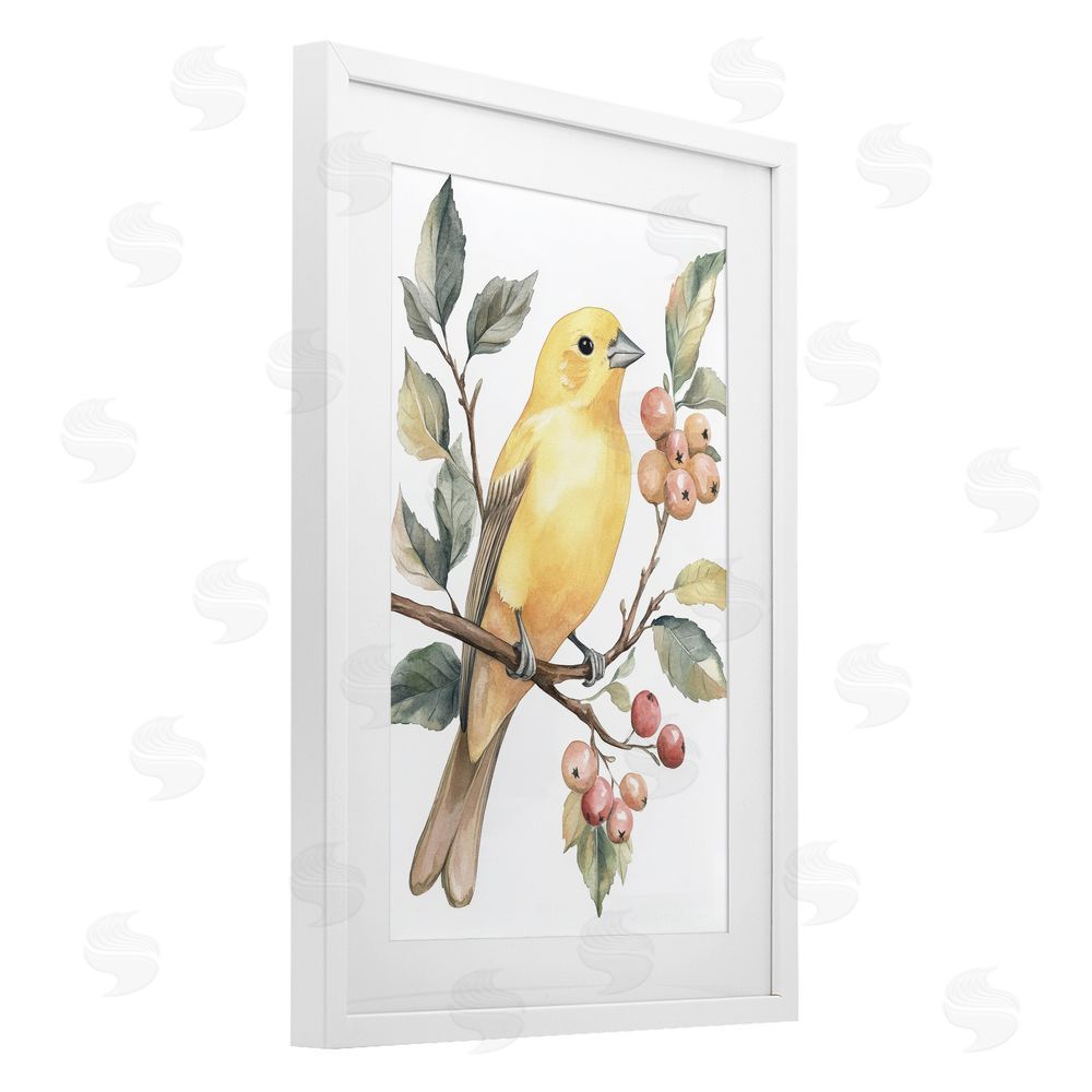 Petal Prints Design Sun Lit Bird on Branch White Framed Print Under Glass with White Mat Wall Art