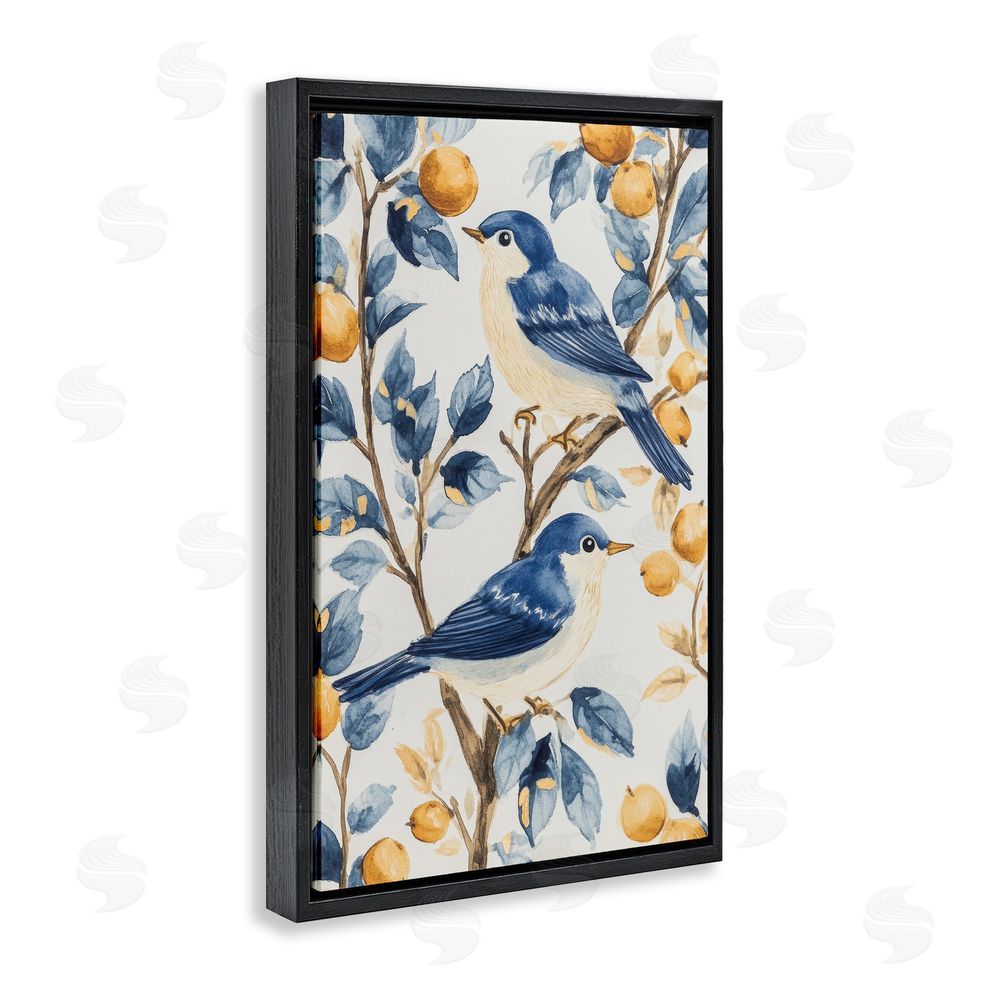Petal Prints Design Sweet Blue Birds on Lemon Branch Black Floating Framed Canvas Wall Art Print
