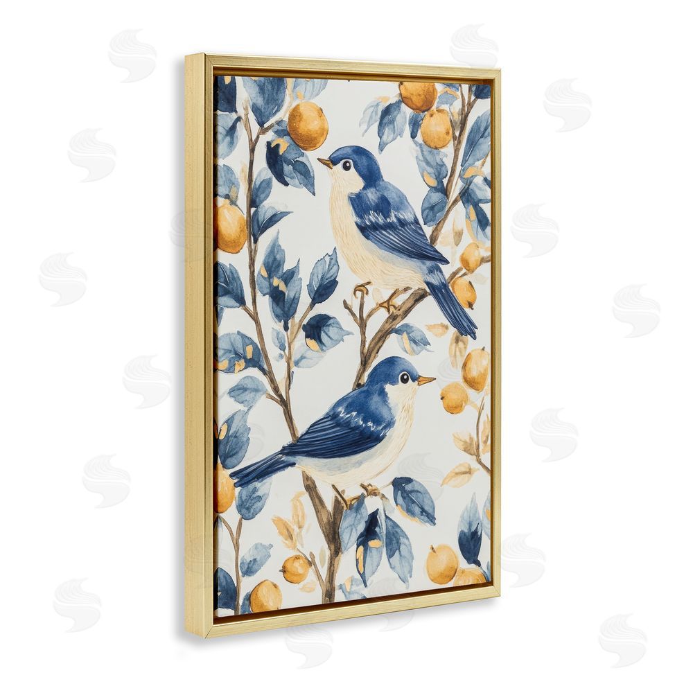 Petal Prints Design Sweet Blue Birds on Lemon Branch Gold Floating Framed Canvas Wall Art Print