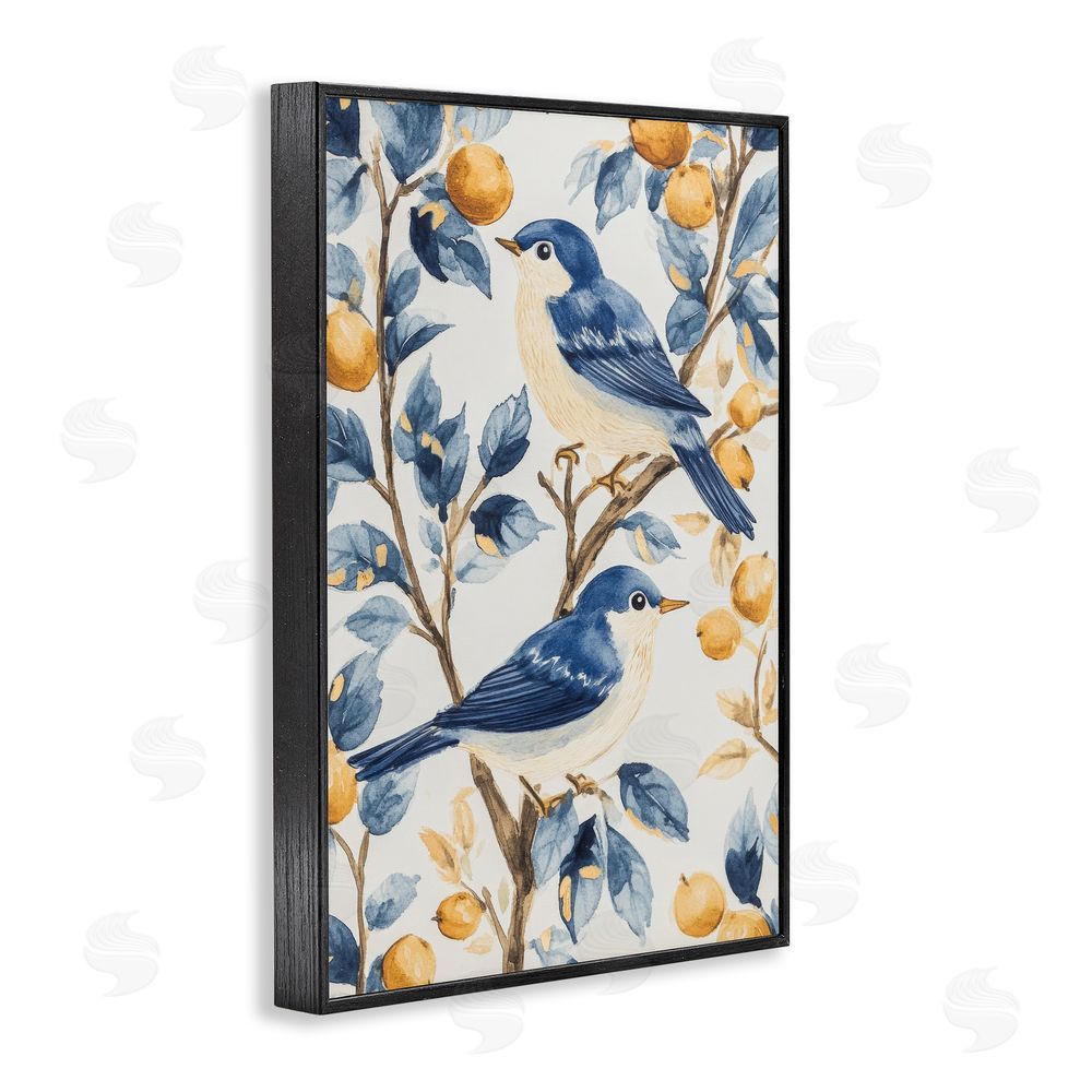 Petal Prints Design Sweet Blue Birds on Lemon Branch Black Framed Giclee Wall Art Print