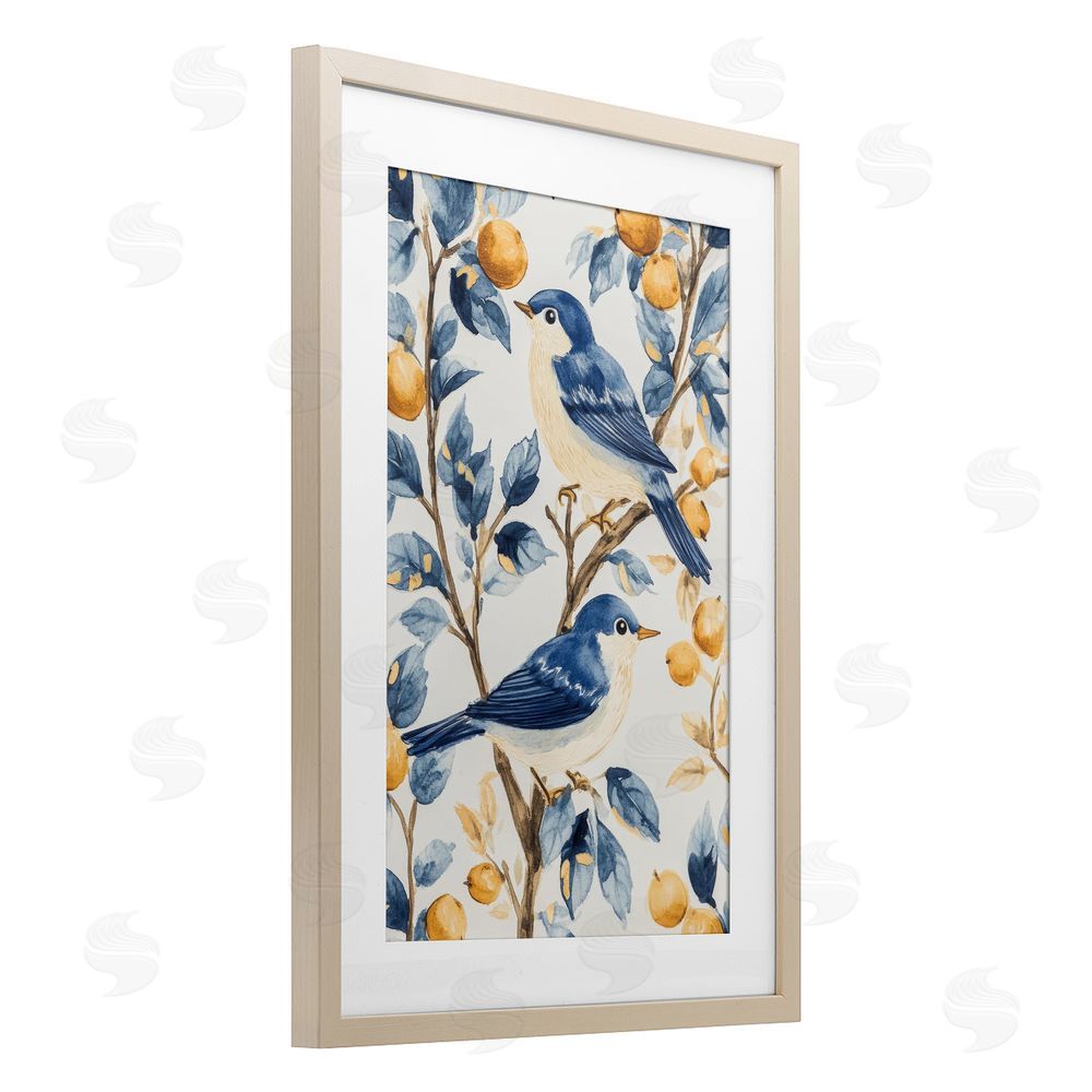 Petal Prints Design Sweet Blue Birds on Lemon Branch Brown Framed Print Under Glass with White Mat Wall Art