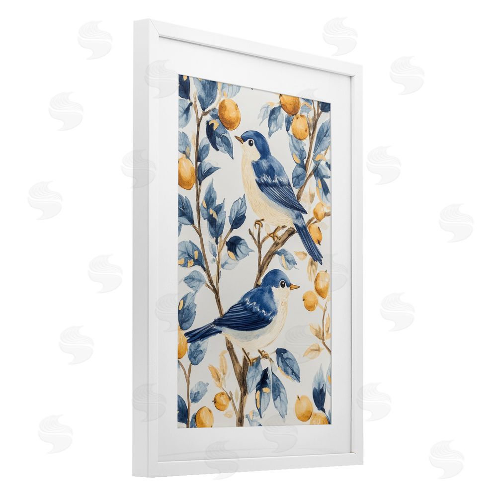 Petal Prints Design Sweet Blue Birds on Lemon Branch White Framed Print Under Glass with White Mat Wall Art