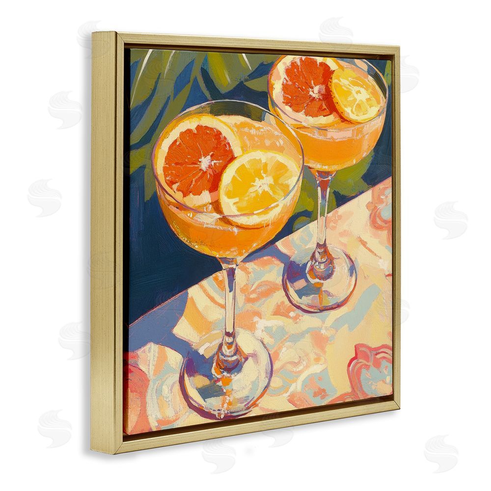 Petal Prints Design Fruity Summer Cocktails Gold Floating Framed Canvas Wall Art