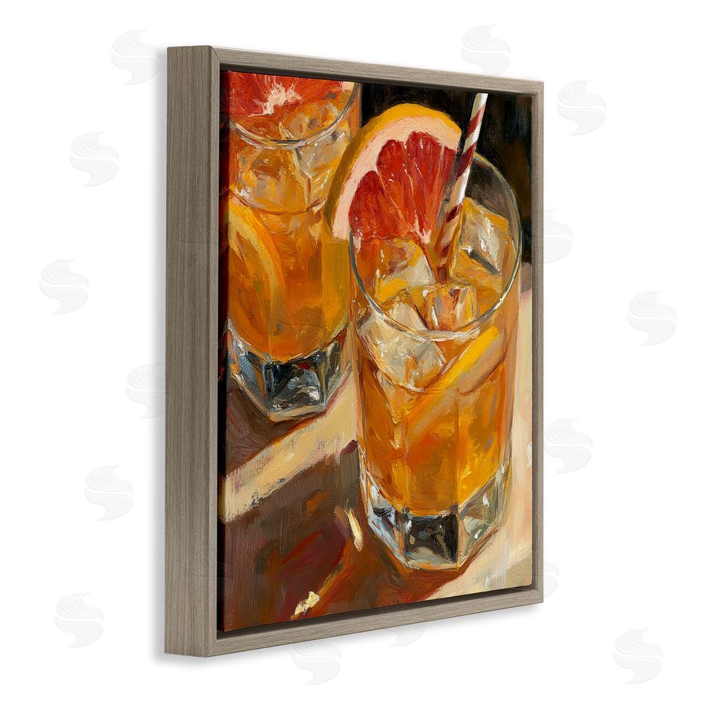 Petal Prints Design Grapefruit Cocktail with Ice Cubes Brown Floating Framed Canvas Wall Art