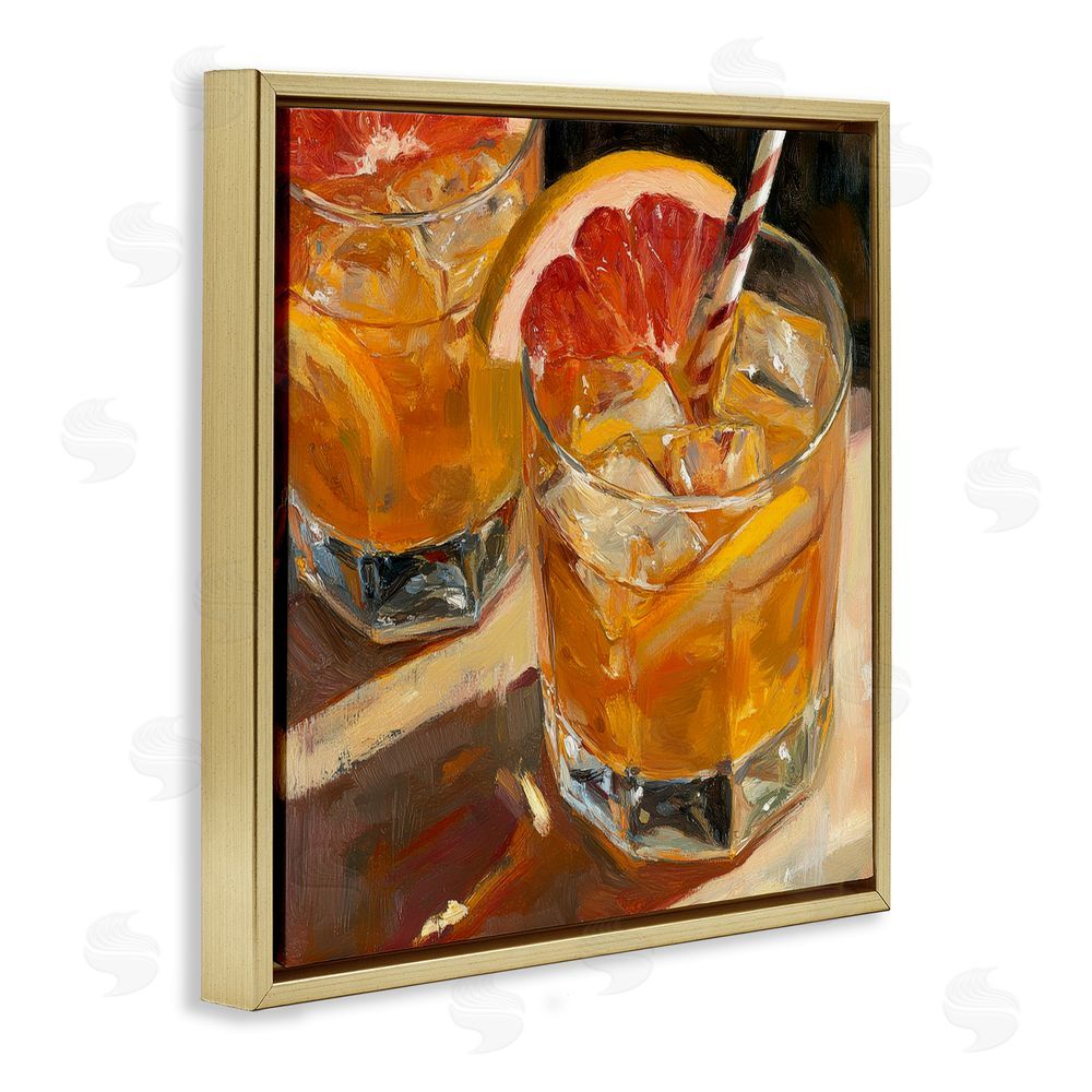 Petal Prints Design Grapefruit Cocktail with Ice Cubes Gold Floating Framed Canvas Wall Art