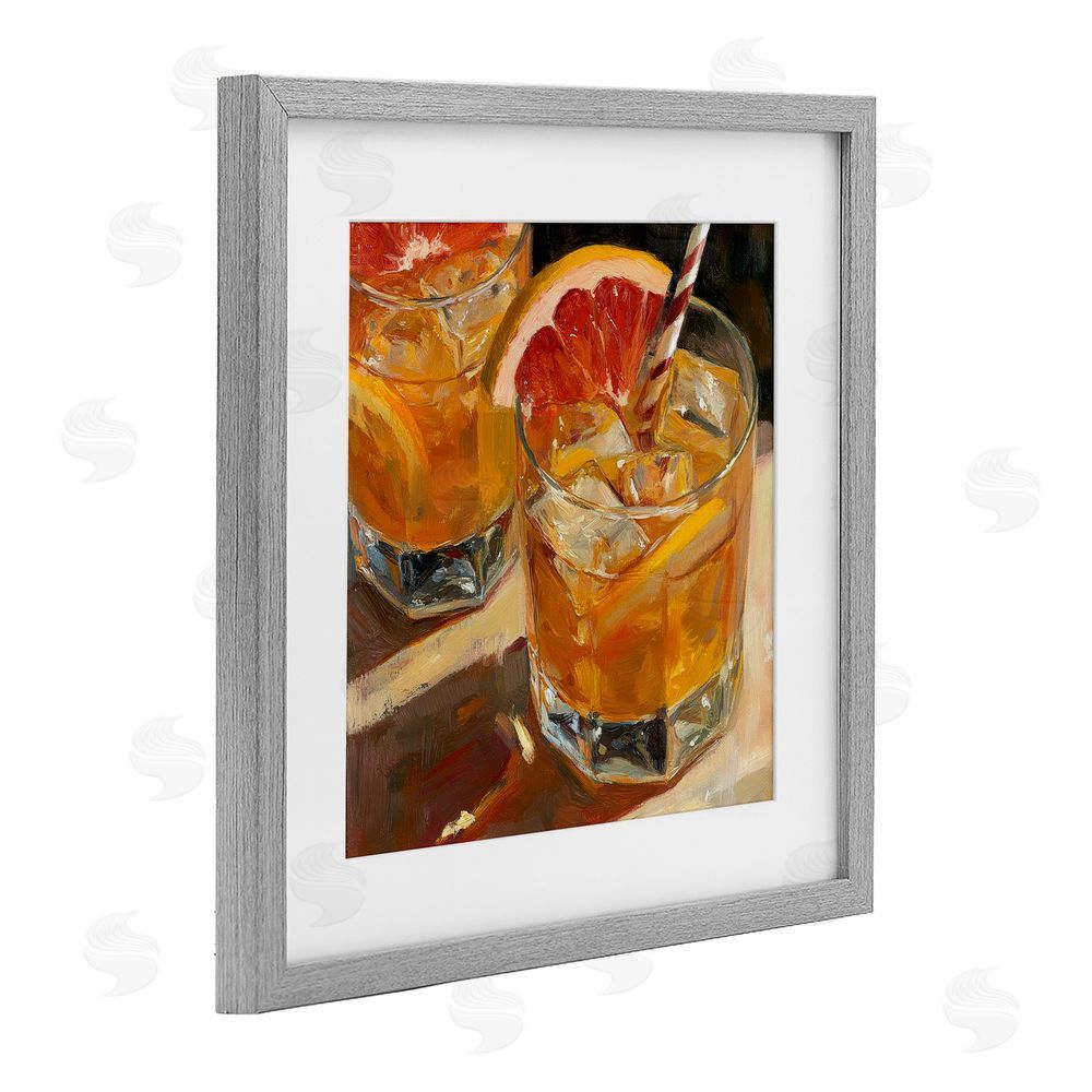 Petal Prints Design Grapefruit Cocktail with Ice Cubes Gray Framed Print Under Glass Wall Art