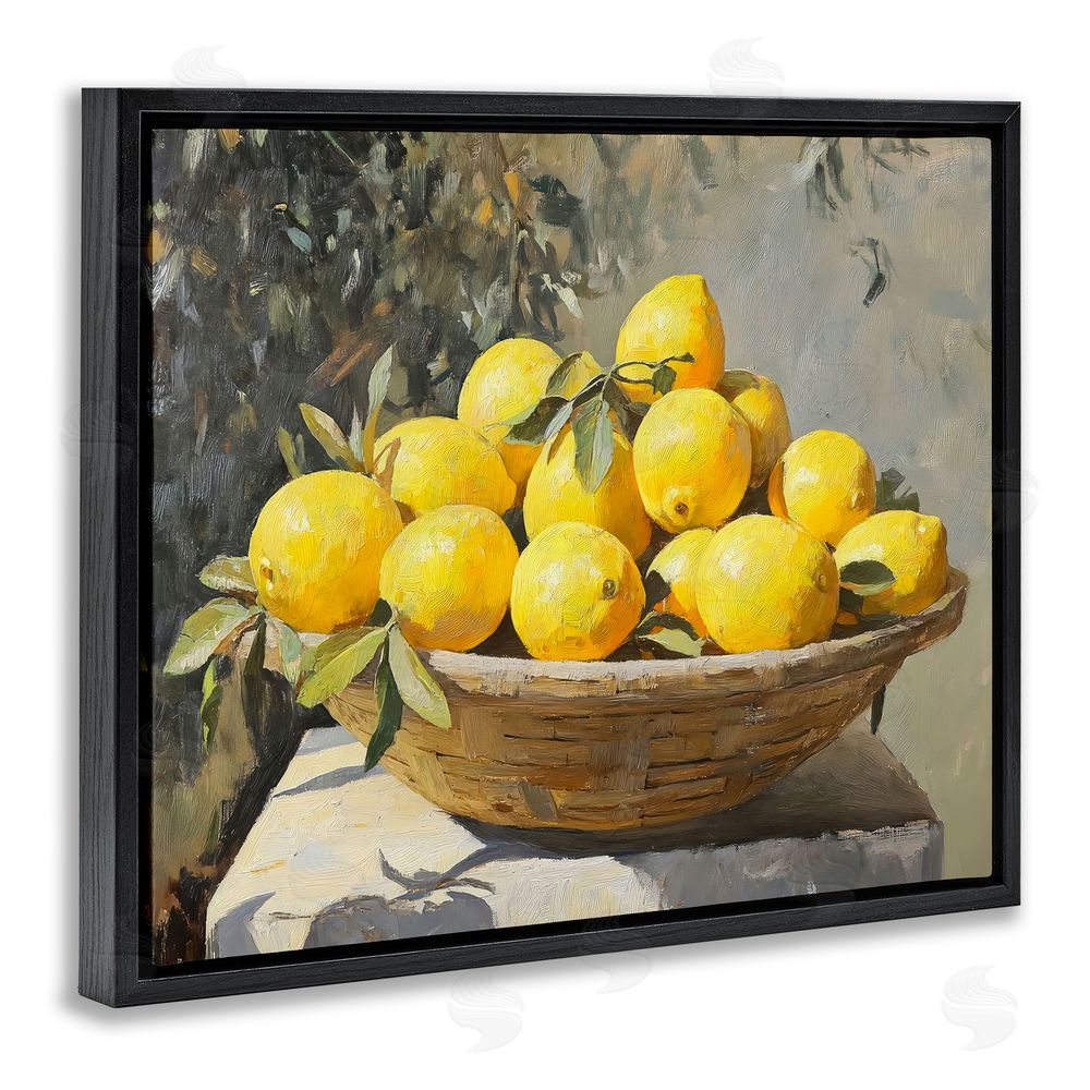Creative Studio Basket of Lemons in Sunlight Black Floating Frame Stretched Canvas Wall Art Print