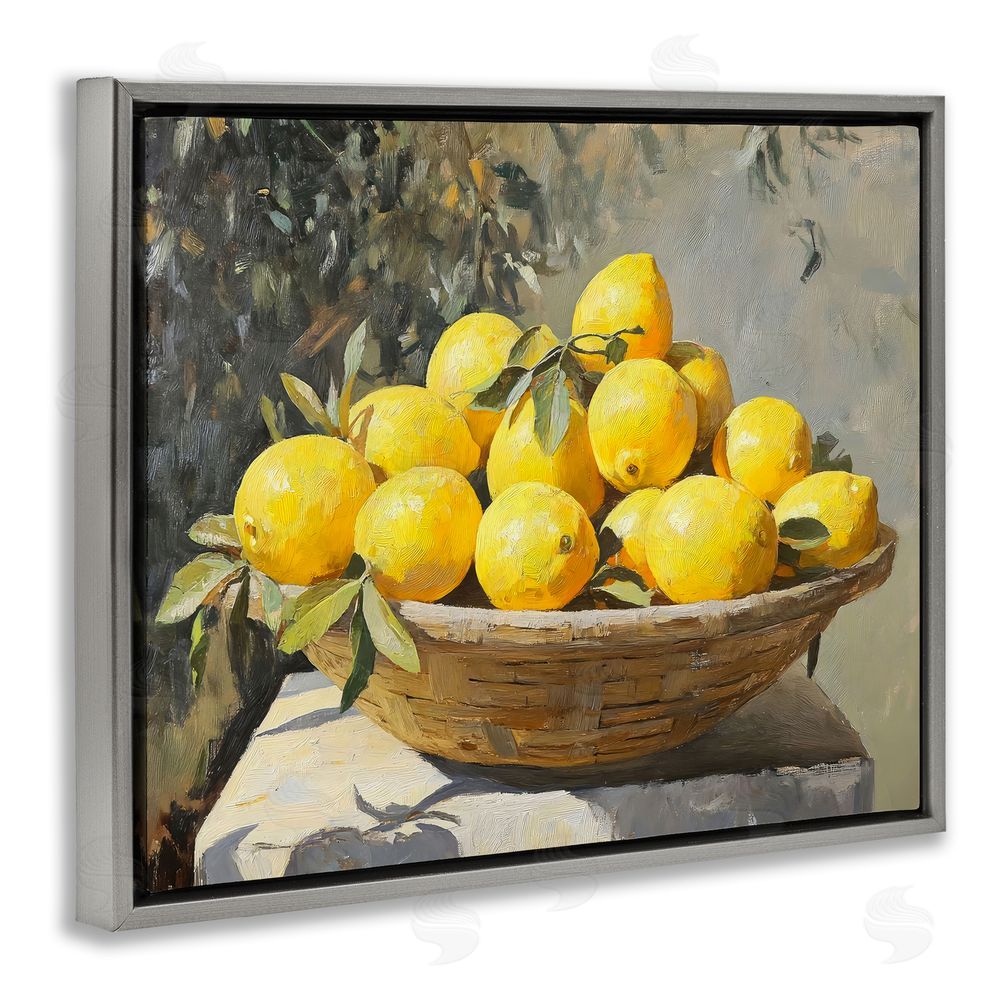 Creative Studio Basket of Lemons in Sunlight Gray Floating Frame Stretched Canvas Wall Art Print