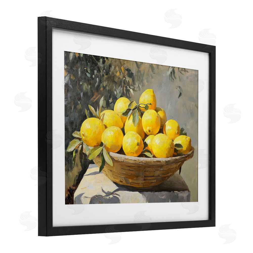 Creative Studio Basket of Lemons in Sunlight Black Framed Print Under Glass with Matting Wall Art