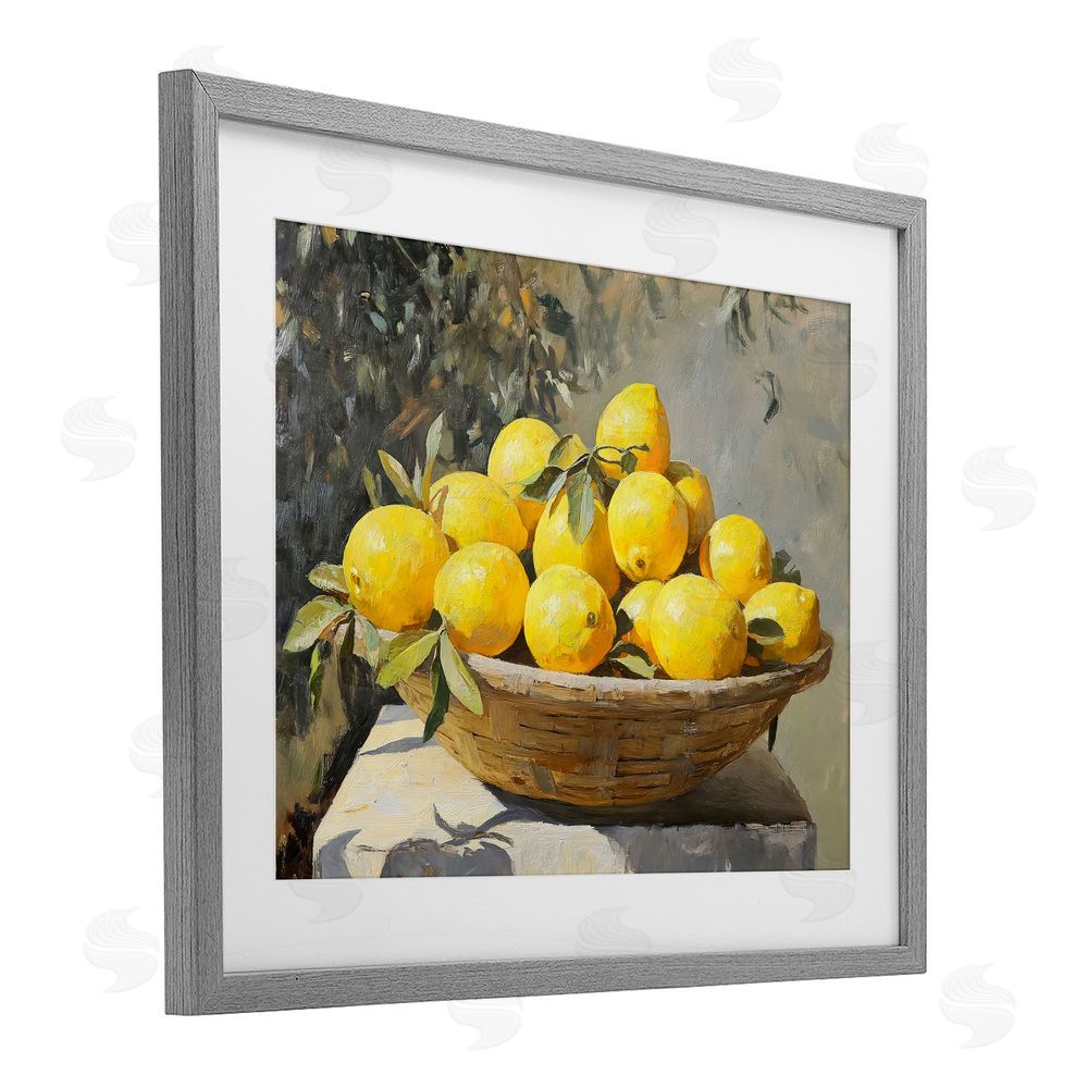 Creative Studio Basket of Lemons in Sunlight Gray Framed Print Under Glass with Matting Wall Art