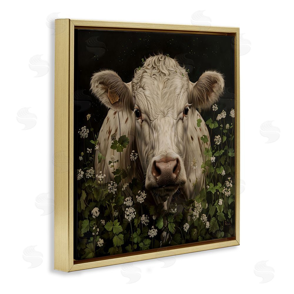 Creative Studio Cow in the Green Meadow Gold Floating Frame Canvas Wall Art Print