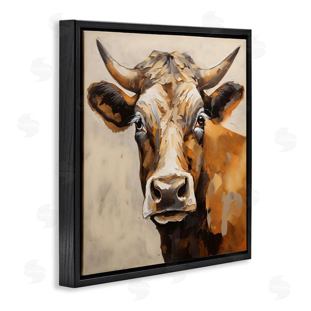 Creative Studio Beautiful Brown Bovine Black Floating Frame Stretched Canvas Wall Art Print