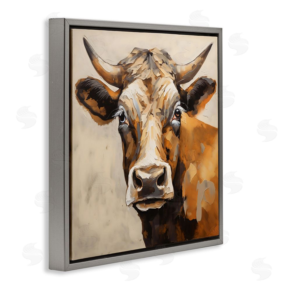 Creative Studio Beautiful Brown Bovine Gray Floating Frame Stretched Canvas Wall Art Print