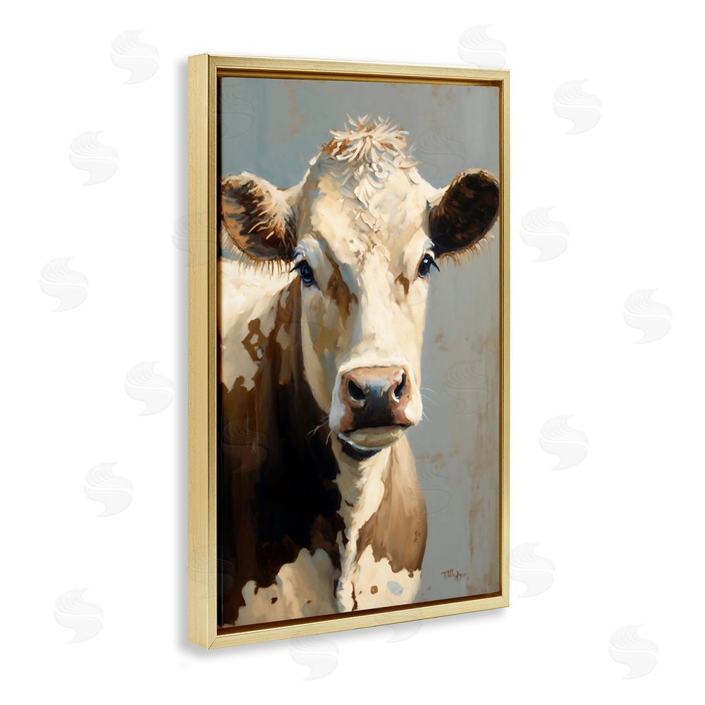 Creative Studio Farmhouse Cow with Gentle Gaze Gold Floating Framed Canvas Wall Art