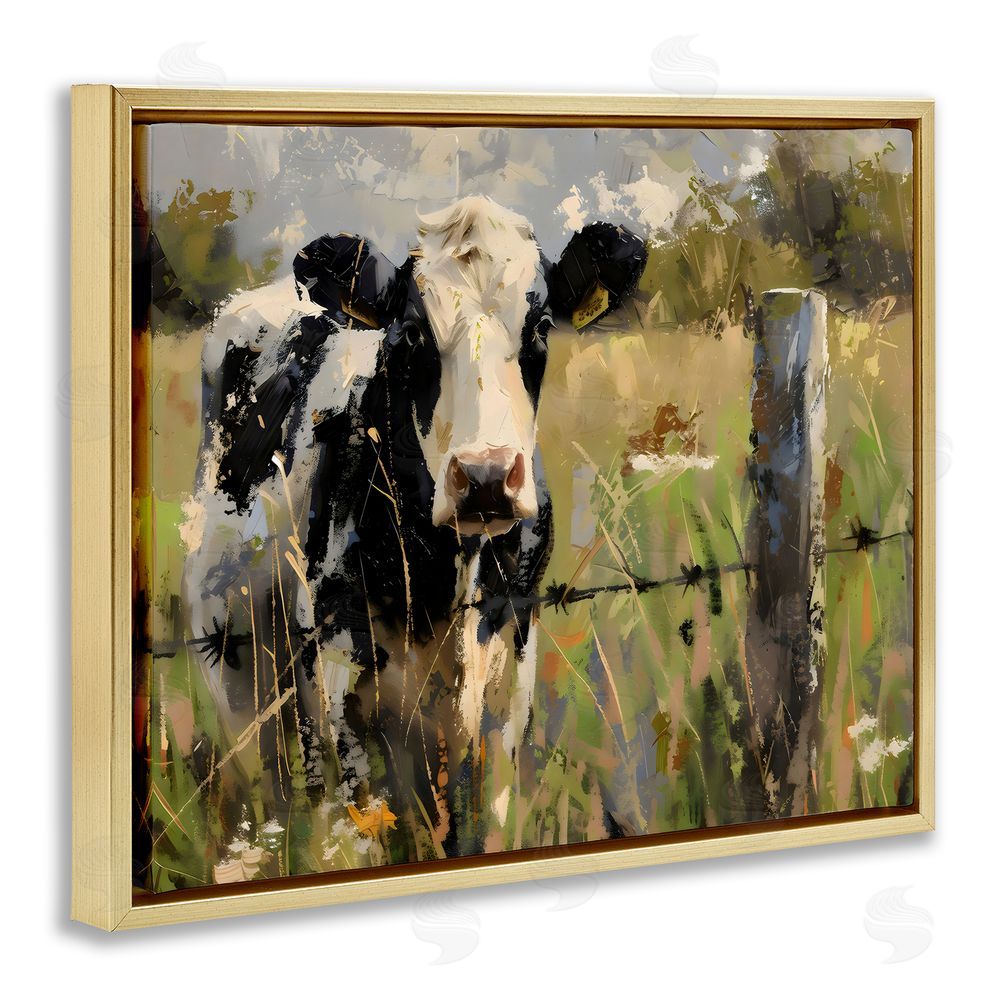 Creative Studio Cow in Summer Pasture Gold Floating Frame Canvas Wall Art Print