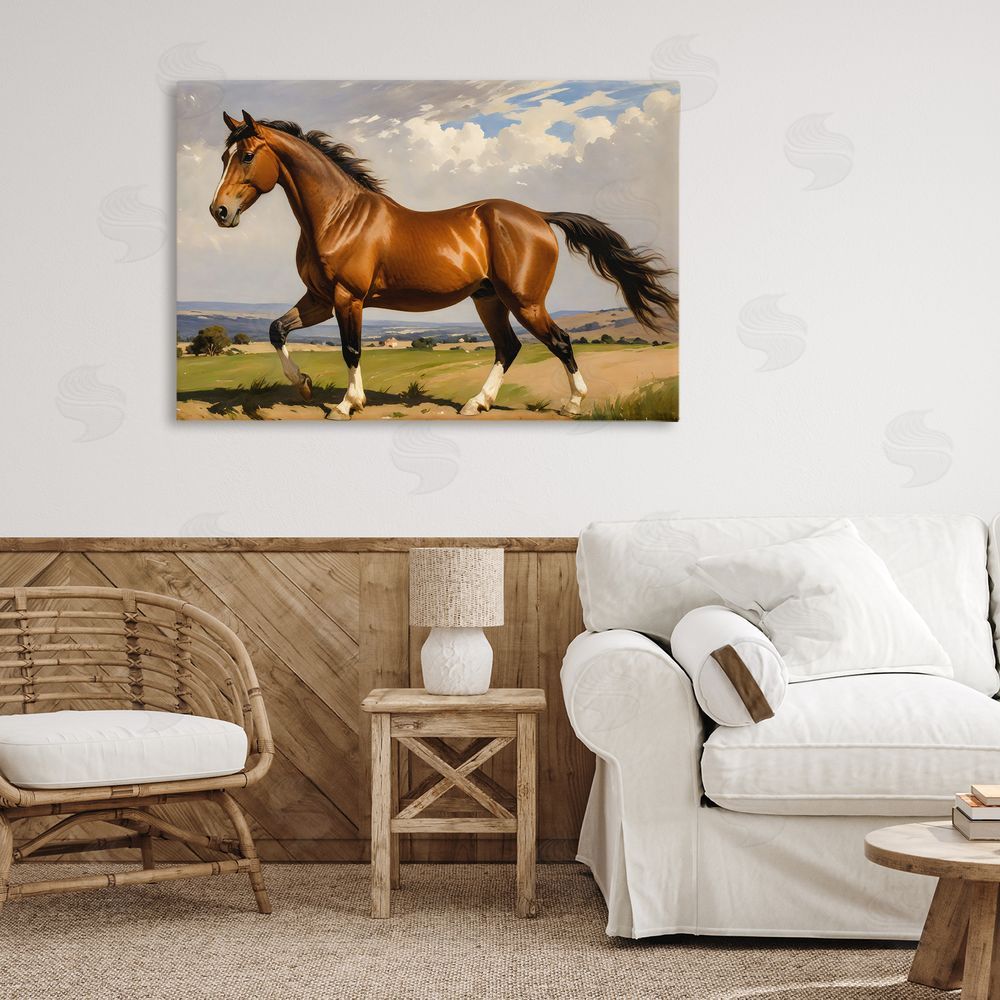 Creative Studio Trotting Horse in Field Stretched Canvas on Wall