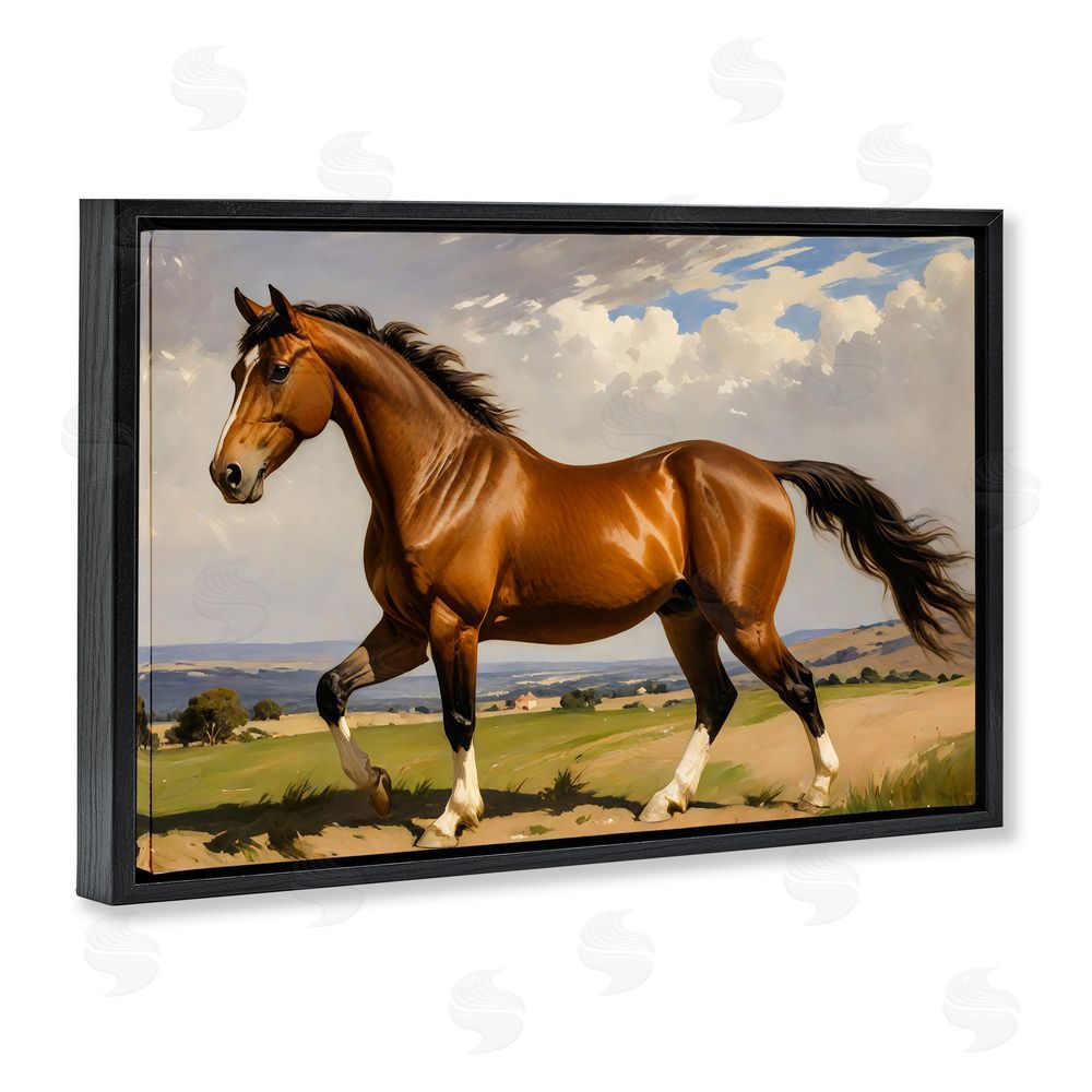 Creative Studio Trotting Horse in Field Black Floating Framed Canvas Wall Art Print