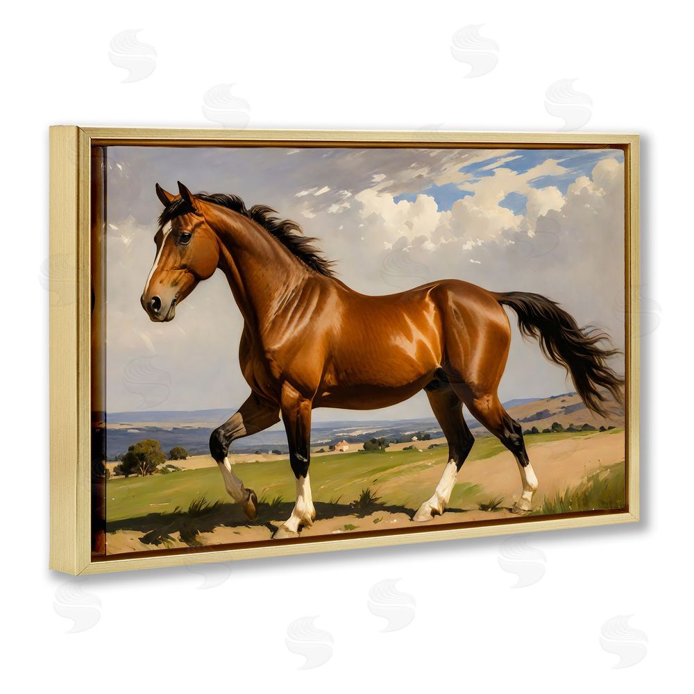 Creative Studio Trotting Horse in Field Gold Floating Framed Canvas Wall Art Print