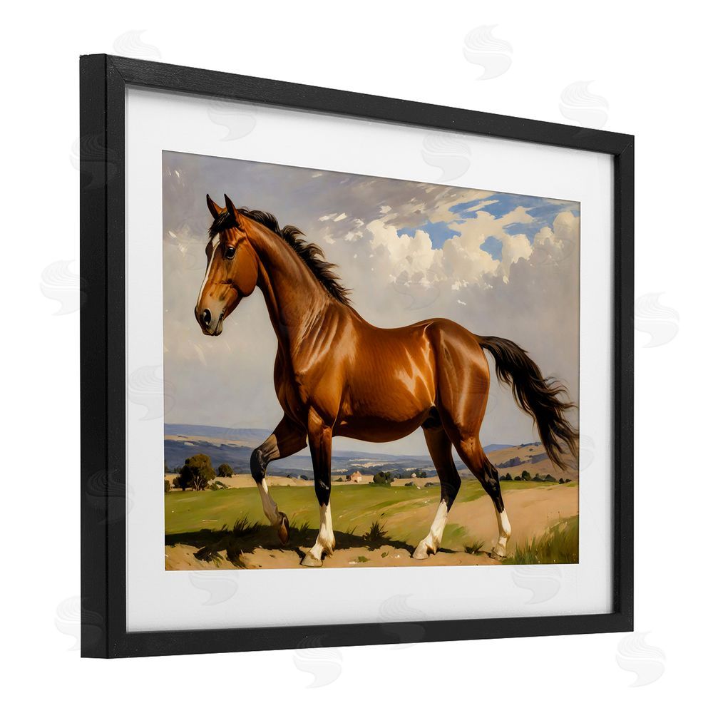 Creative Studio Trotting Horse in Field Black Framed Print Under Glass with White Mat Wall Art